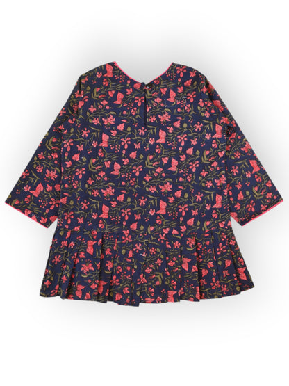 Girls Navy Blue Floral Knife Pleated Dress