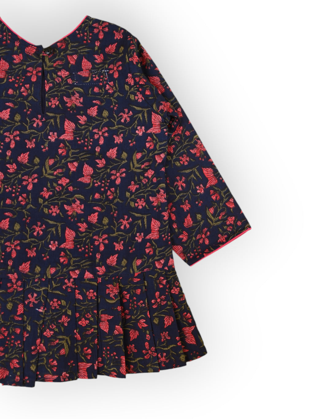 Girls Navy Blue Floral Knife Pleated Dress