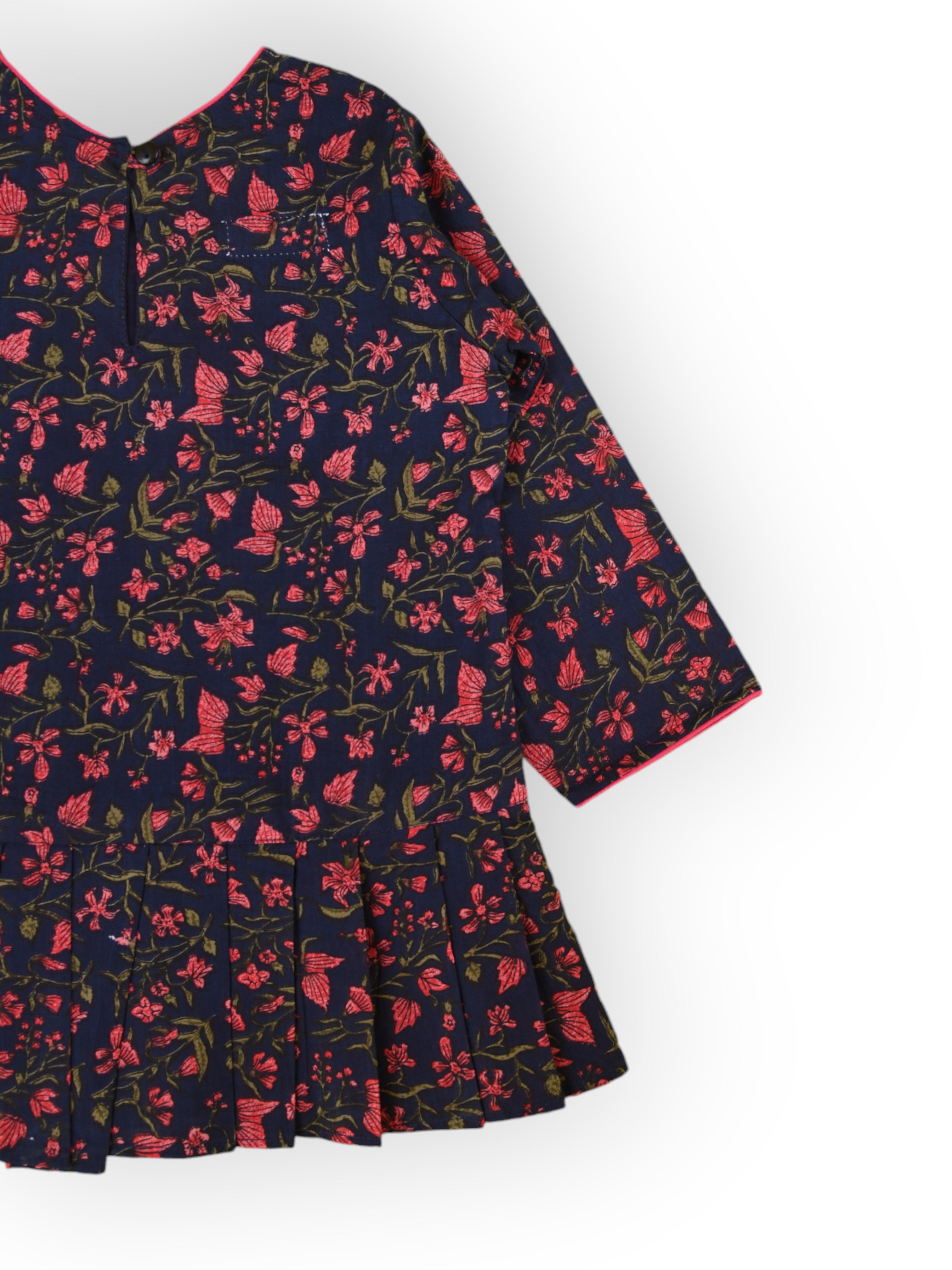 Girls Navy Blue Floral Knife Pleated Dress