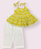 Girls Yellow Gathered Top White Pants Set