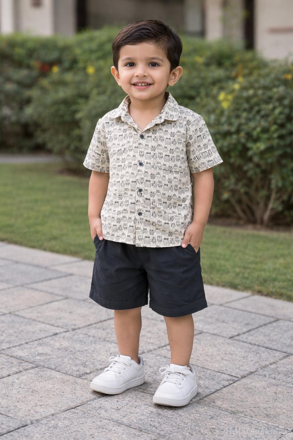 Monochrome Owl Boys Shorts Set