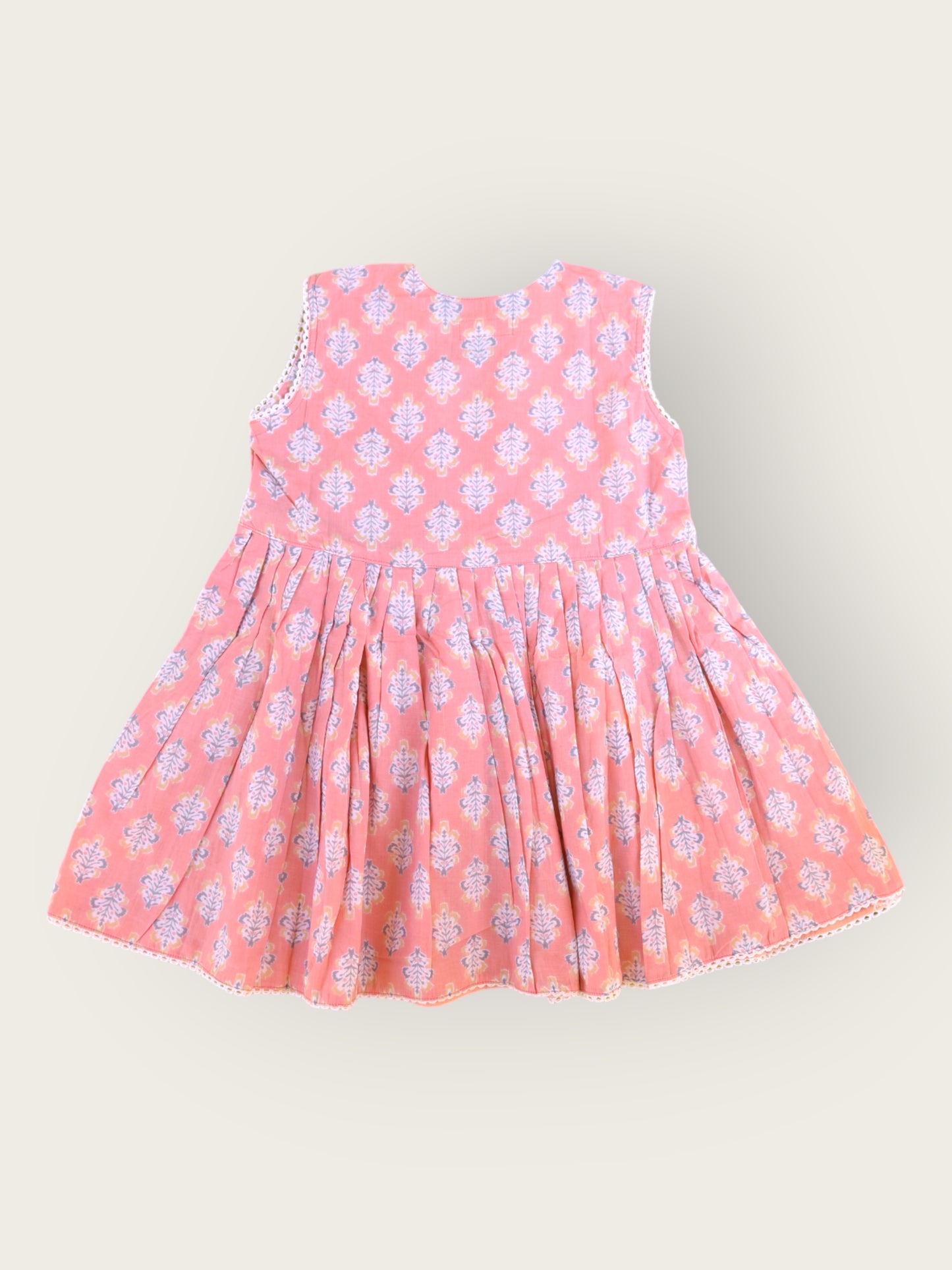 Girls Peach Angrakha Sleeveless Dress With Oversized Bow