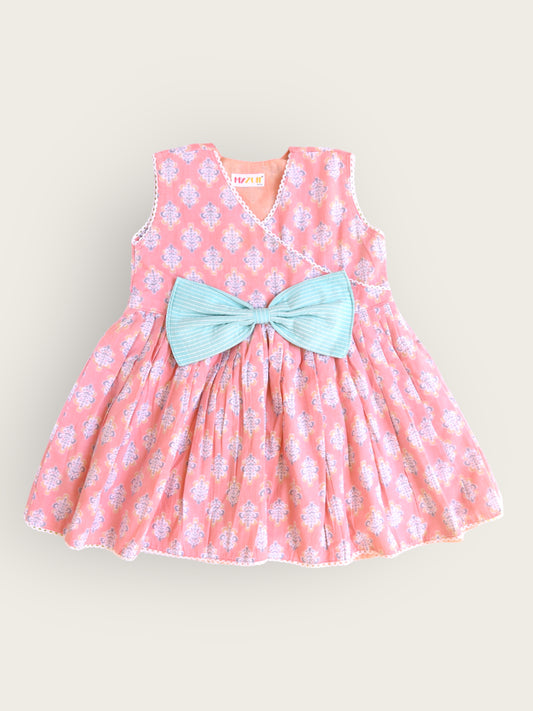 Girls Peach Angrakha Sleeveless Dress With Oversized Bow