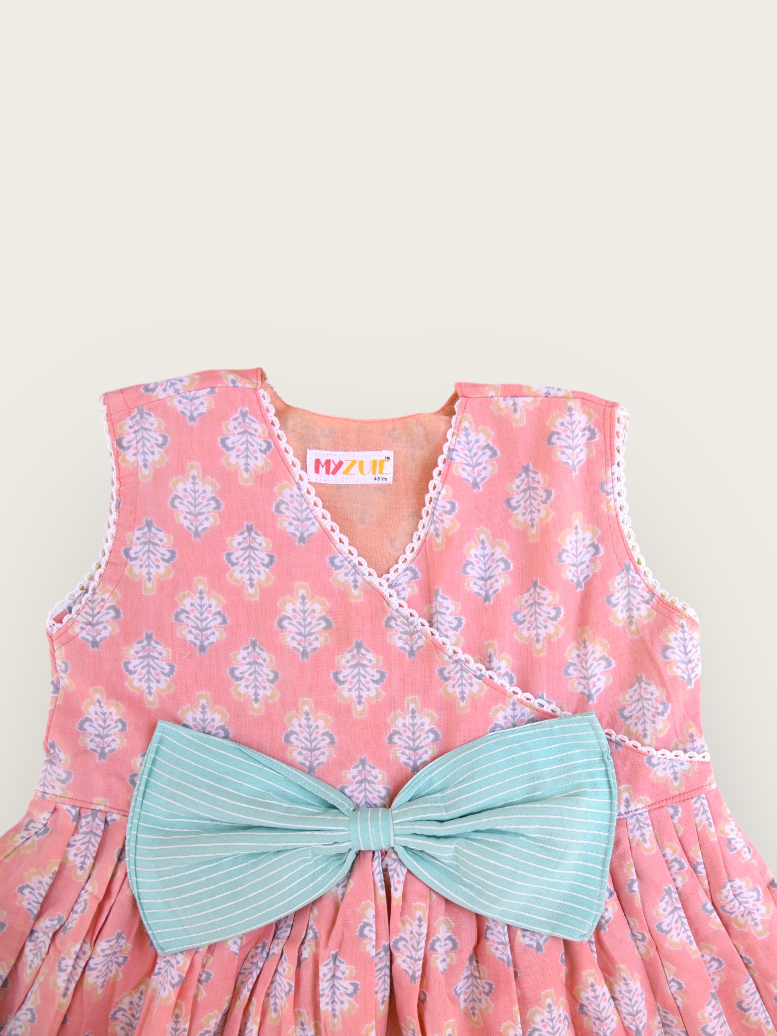 Girls Peach Angrakha Sleeveless Dress With Oversized Bow