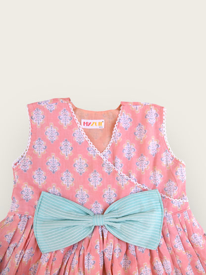 Girls Peach Angrakha Sleeveless Dress With Oversized Bow