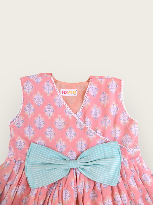Girls Peach Angrakha Sleeveless Dress With Oversized Bow