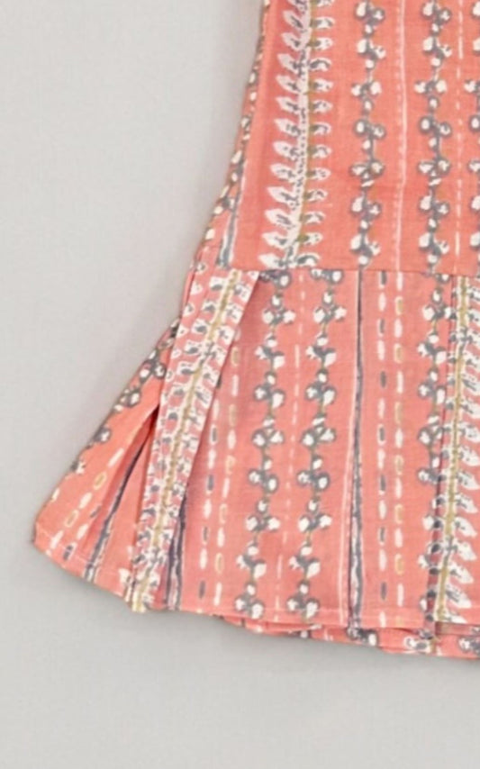 Girls Peach Balloon Sleeves Knife Pleated Dress