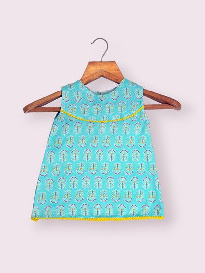Girls Powder Blue A-line Dress With Pompom