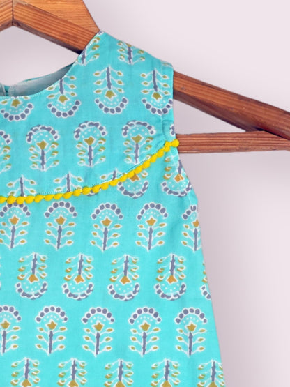 Girls Powder Blue A-line Dress With Pompom