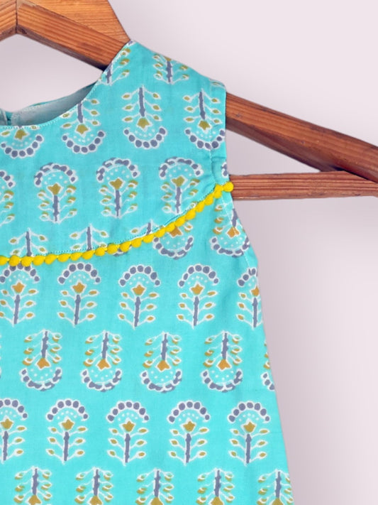 Girls Powder Blue A-line Dress With Pompom