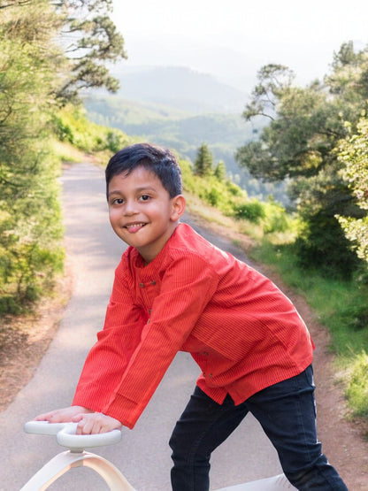 Boys Red Striped Full Sleeves Mandarin Collar Double Button Shirt