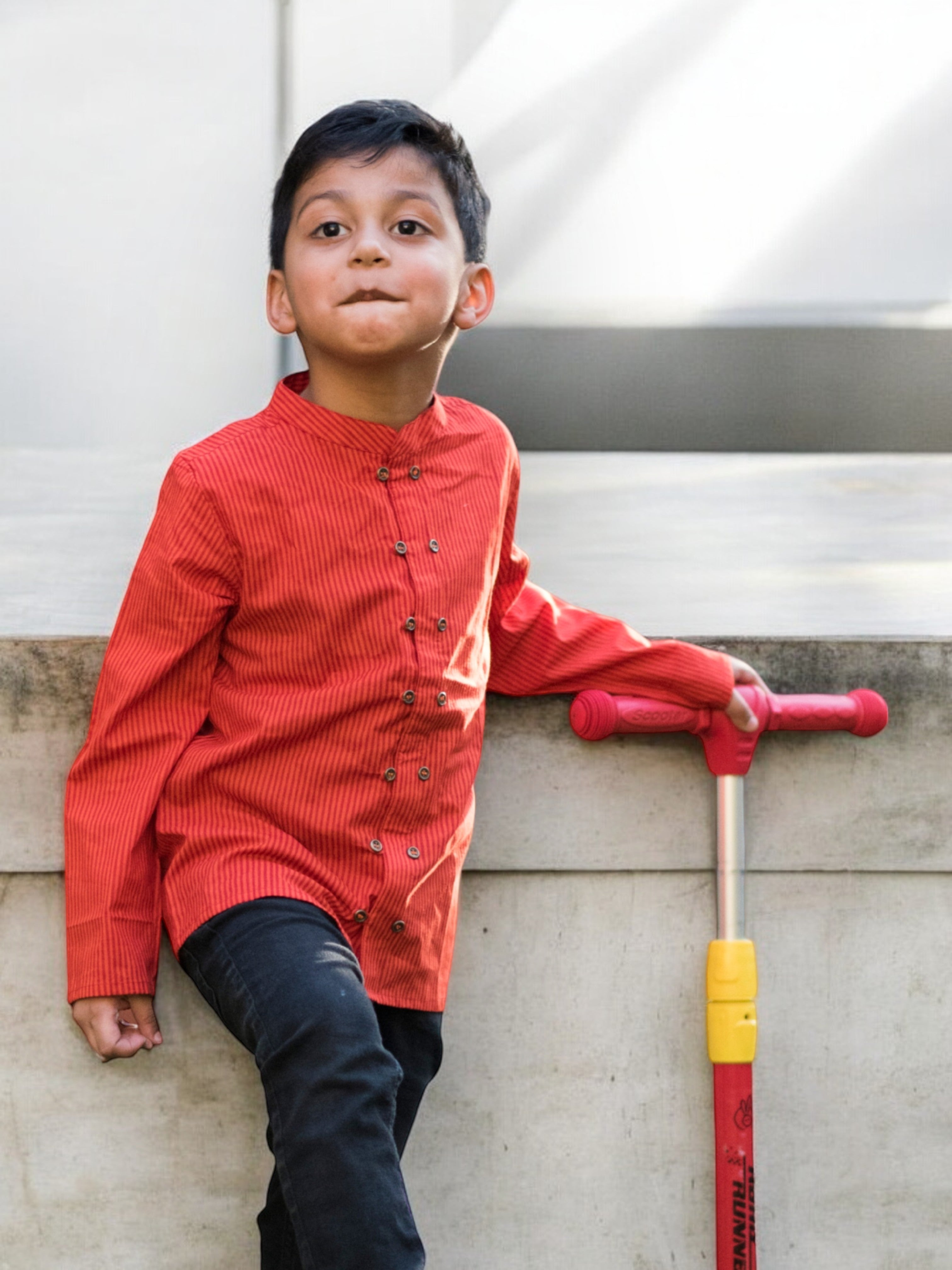 Boys Red Striped Full Sleeves Mandarin Collar Double Button Shirt