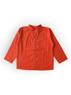Boys Red Striped Full Sleeves Mandarin Collar Double Button Shirt