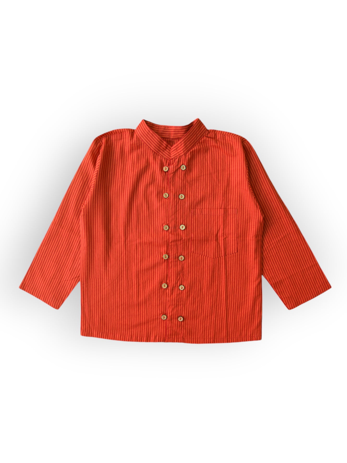 Boys Red Striped Full Sleeves Mandarin Collar Double Button Shirt