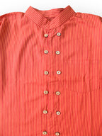 Boys Red Striped Full Sleeves Mandarin Collar Double Button Shirt