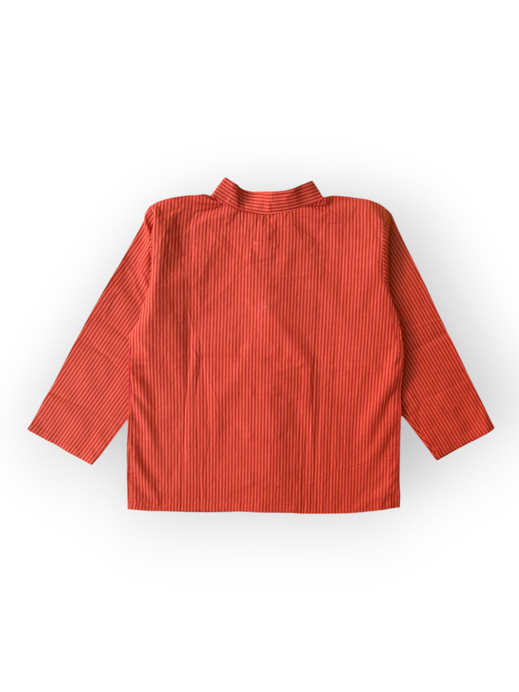 Boys Red Striped Full Sleeves Mandarin Collar Double Button Shirt