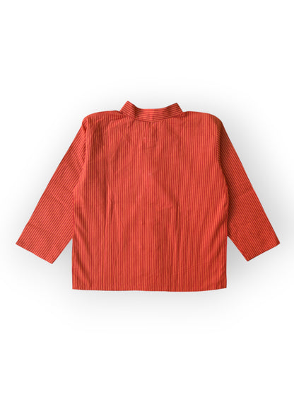 Boys Red Striped Full Sleeves Mandarin Collar Double Button Shirt