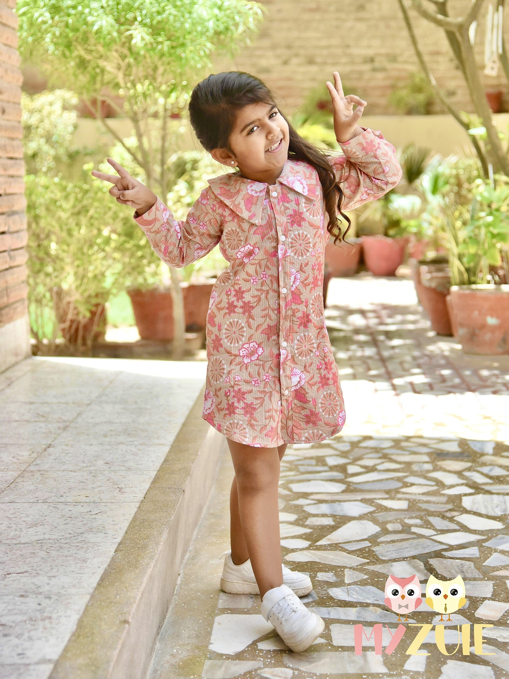 Girls Rose Beige Kantha Long Collar Cuffed Shirt Dress