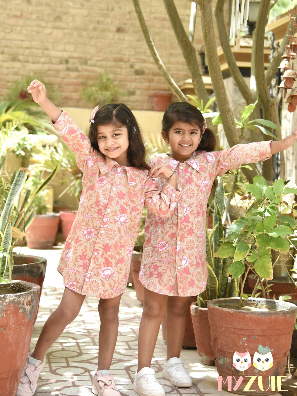 Girls Rose Beige Kantha Long Collar Cuffed Shirt Dress