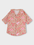 Girls Rose Beige Kantha Long Collar Cuffed Shirt Dress