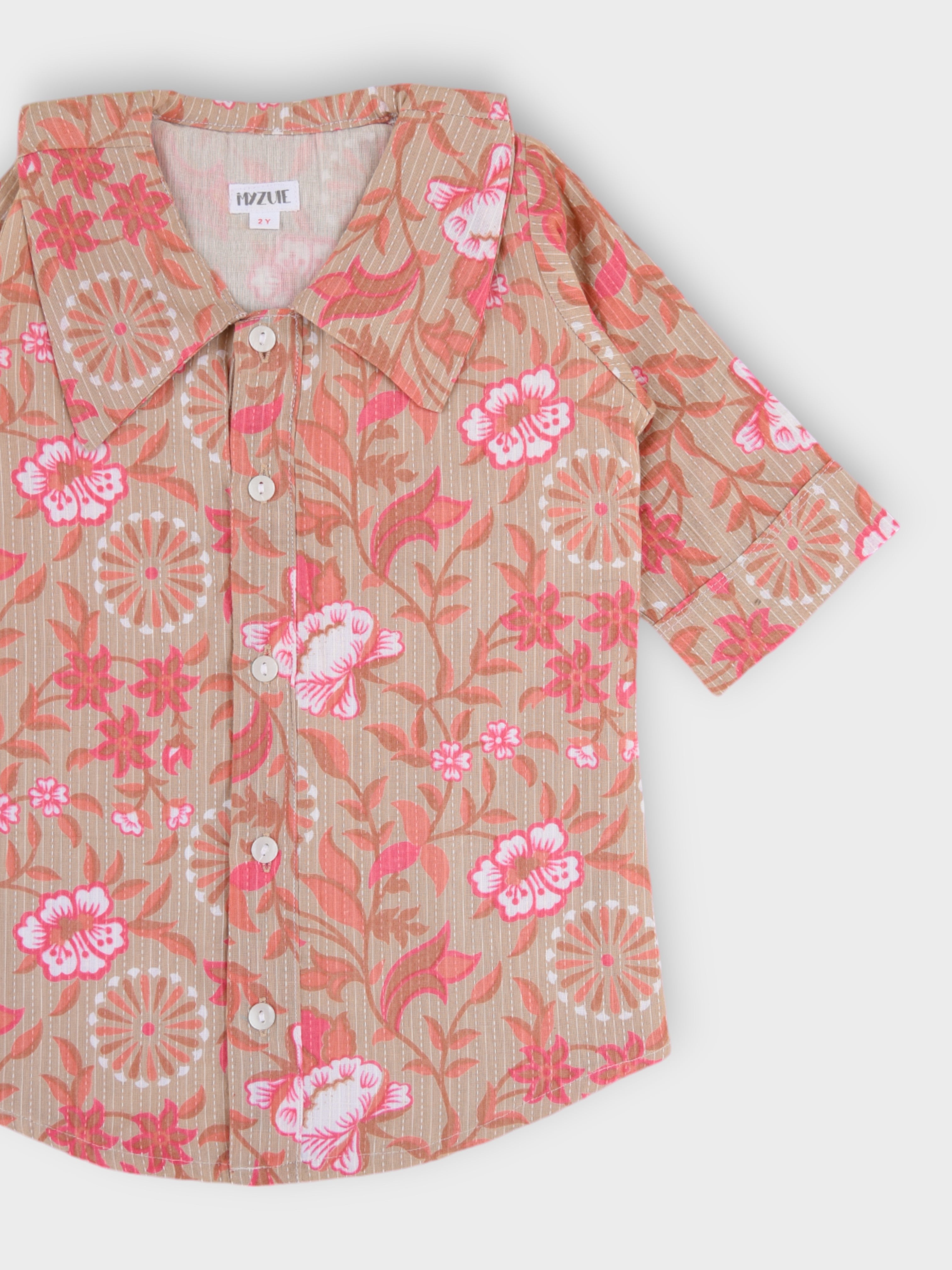 Girls Rose Beige Kantha Long Collar Cuffed Shirt Dress