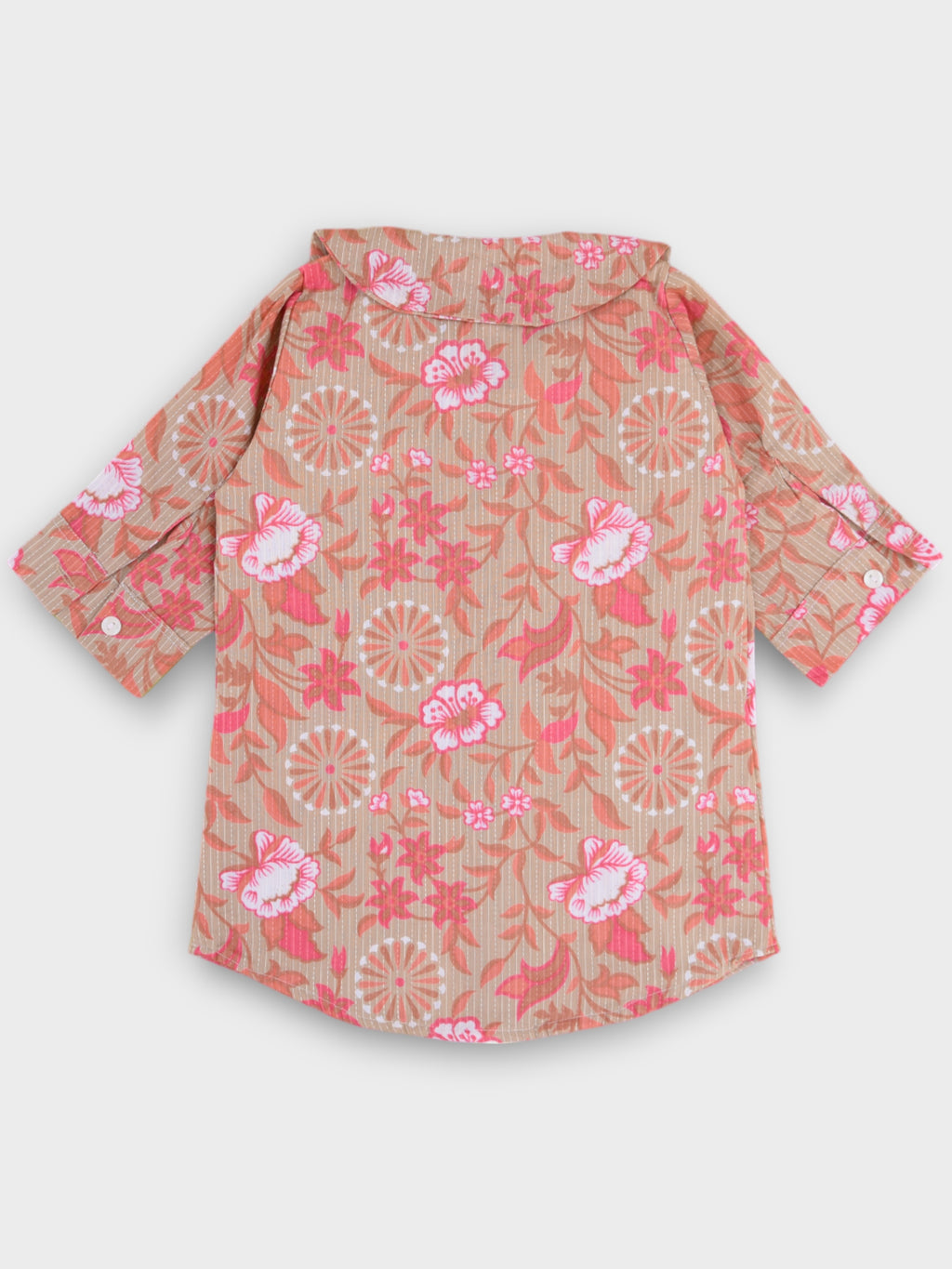 Girls Rose Beige Kantha Long Collar Cuffed Shirt Dress