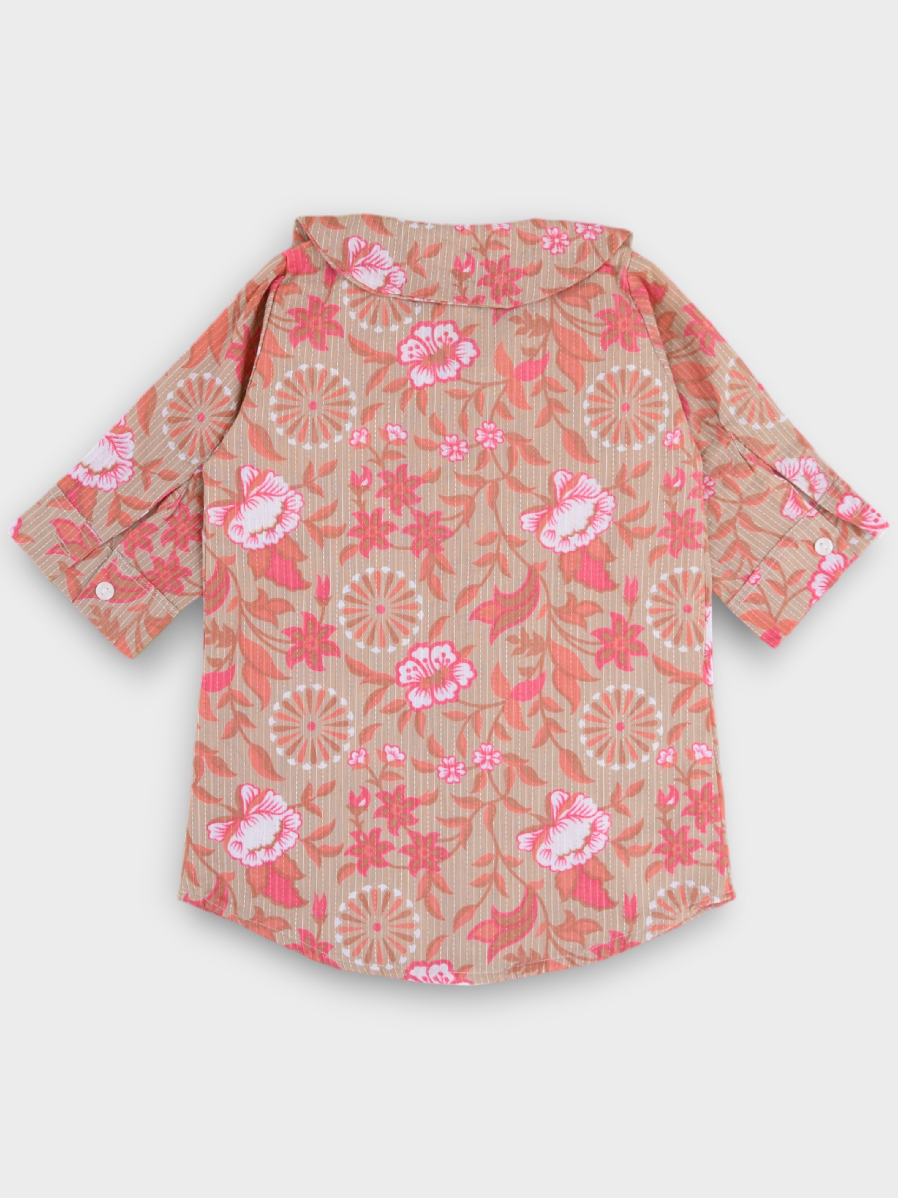 Girls Rose Beige Kantha Long Collar Cuffed Shirt Dress