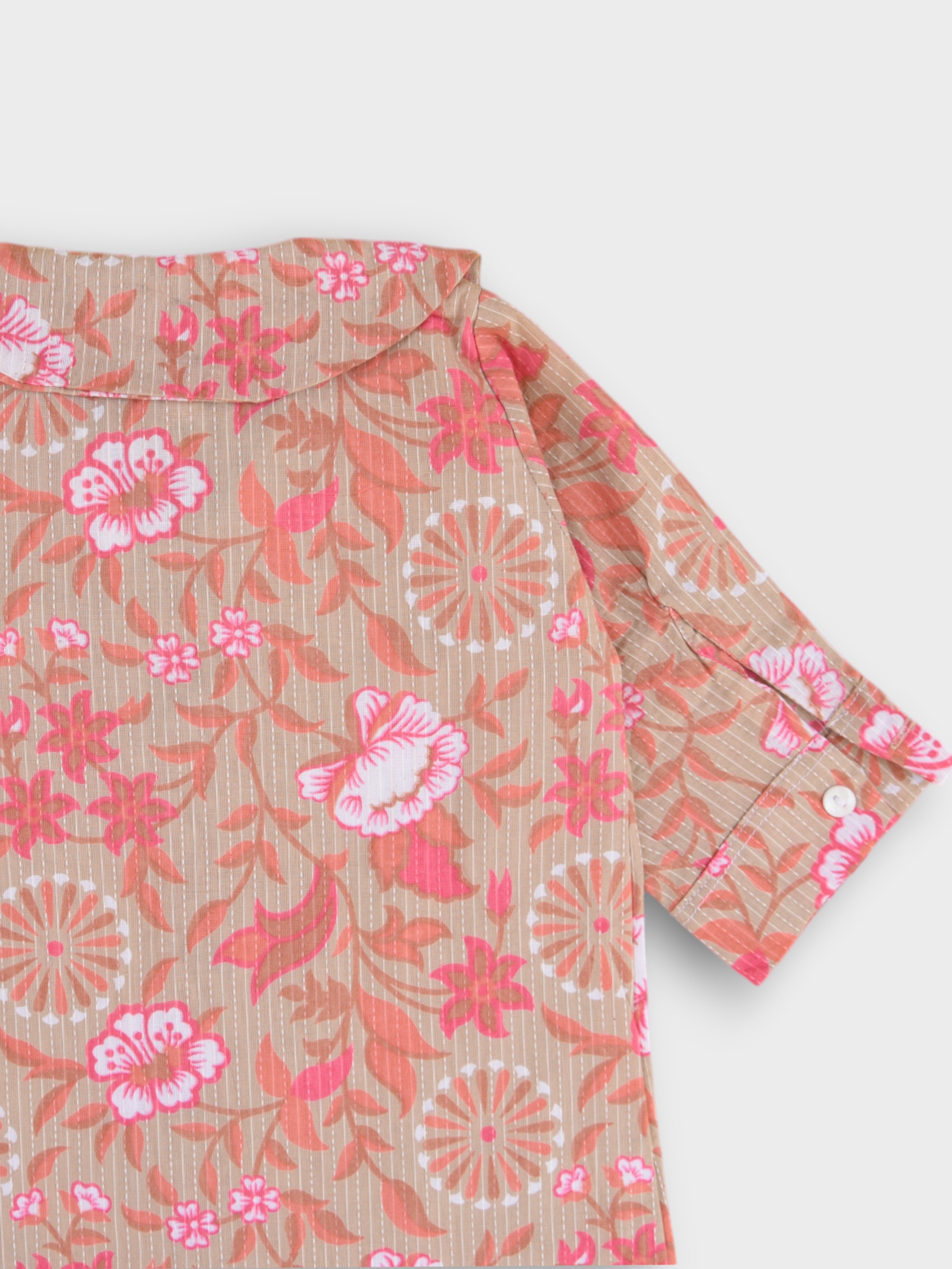 Girls Rose Beige Kantha Long Collar Cuffed Shirt Dress