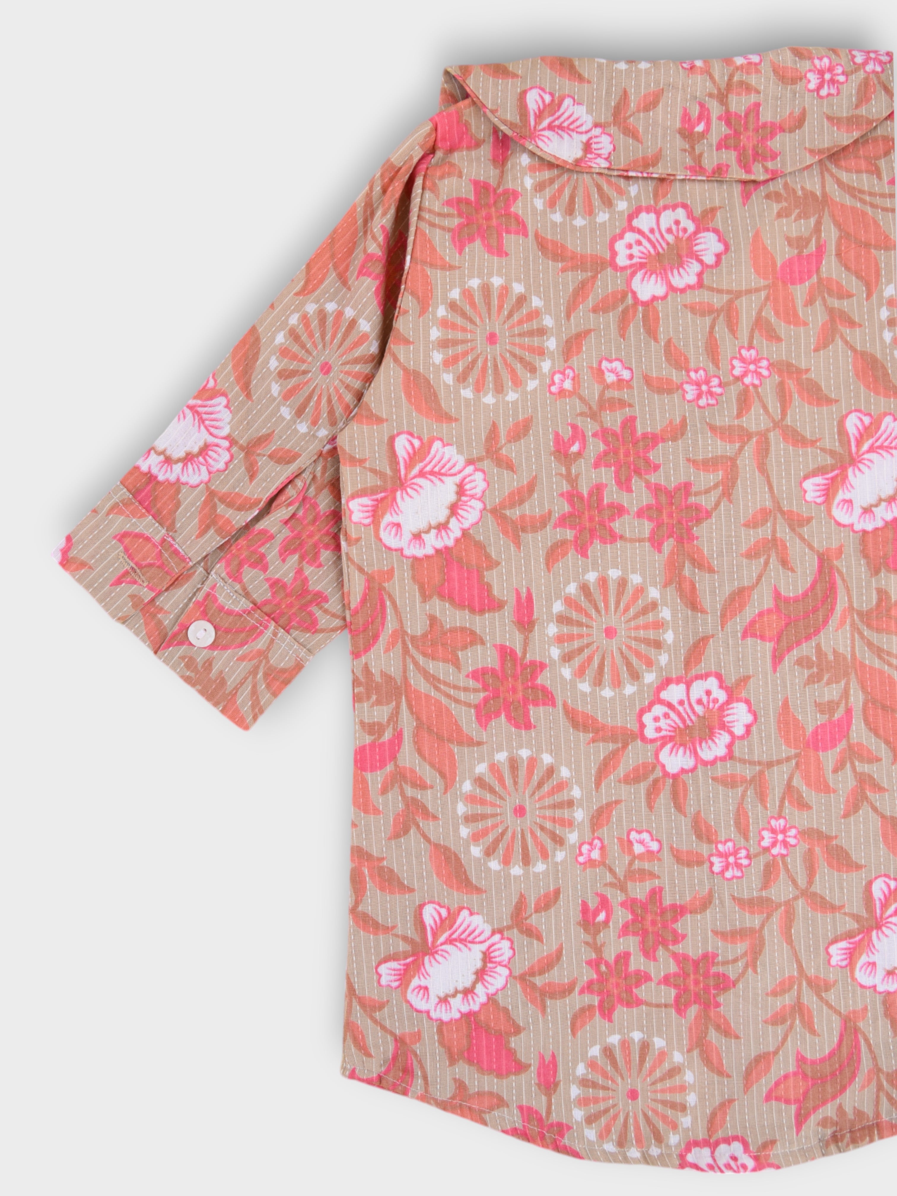 Girls Rose Beige Kantha Long Collar Cuffed Shirt Dress