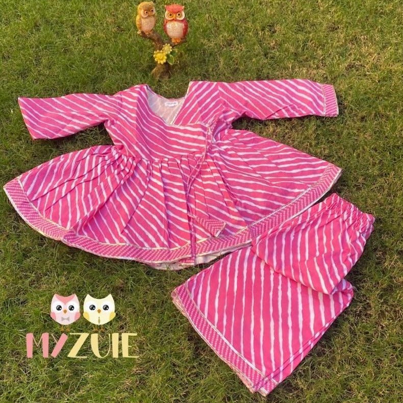 Girls Pink Leheriya Angrakha Kurta Culottes Set