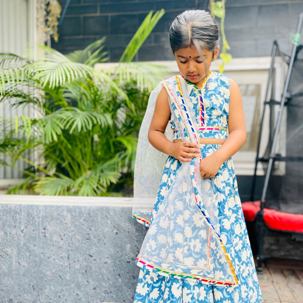 Girls Blue Floral Lehenga Set