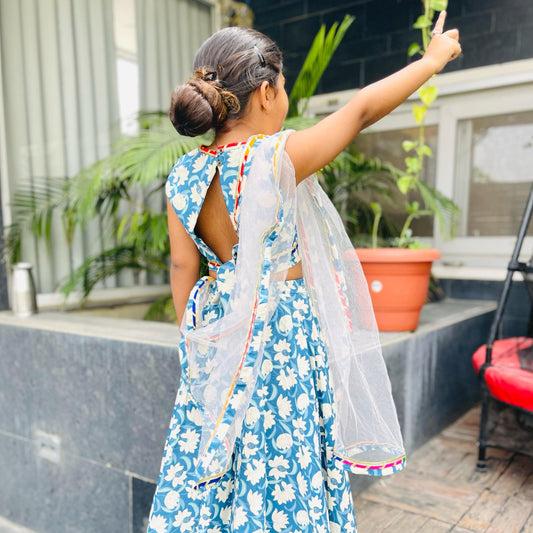 Girls Blue Floral Lehenga Set