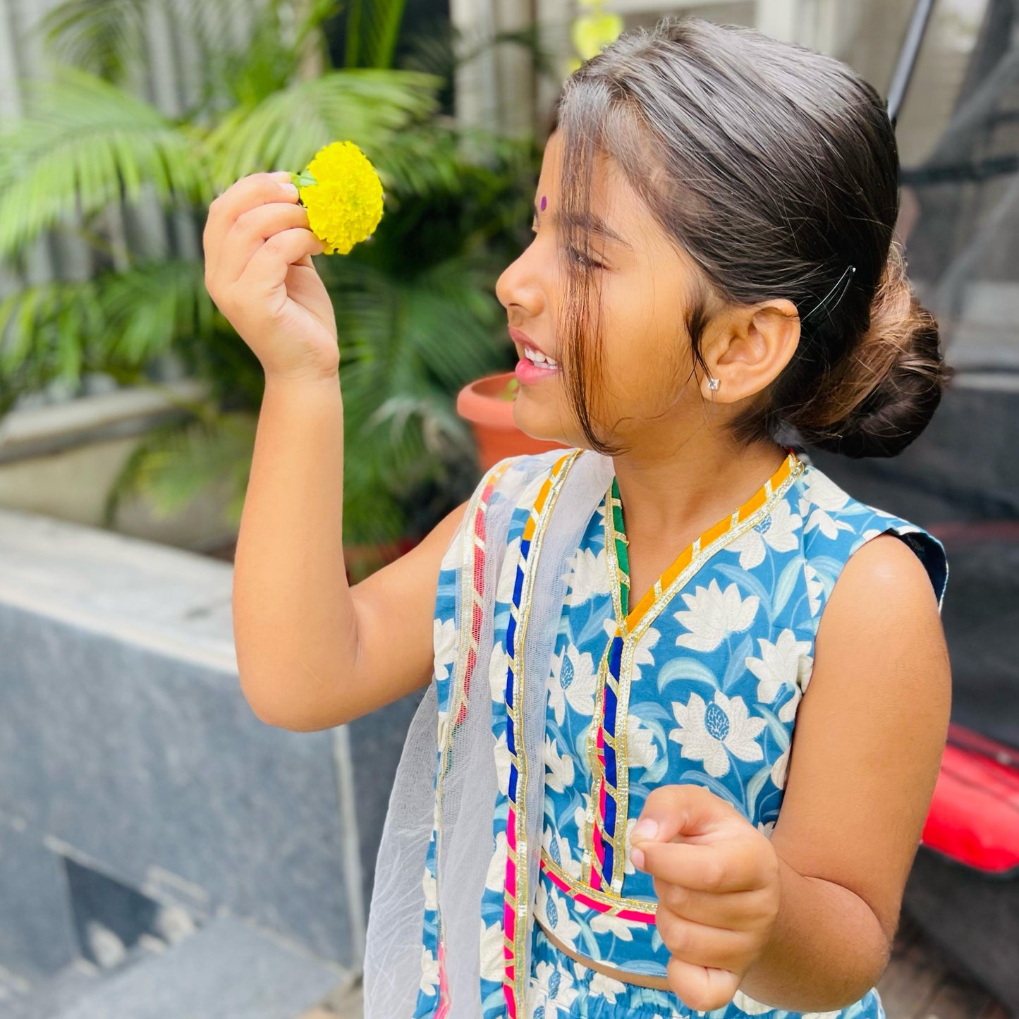 Girls Blue Floral Lehenga Set