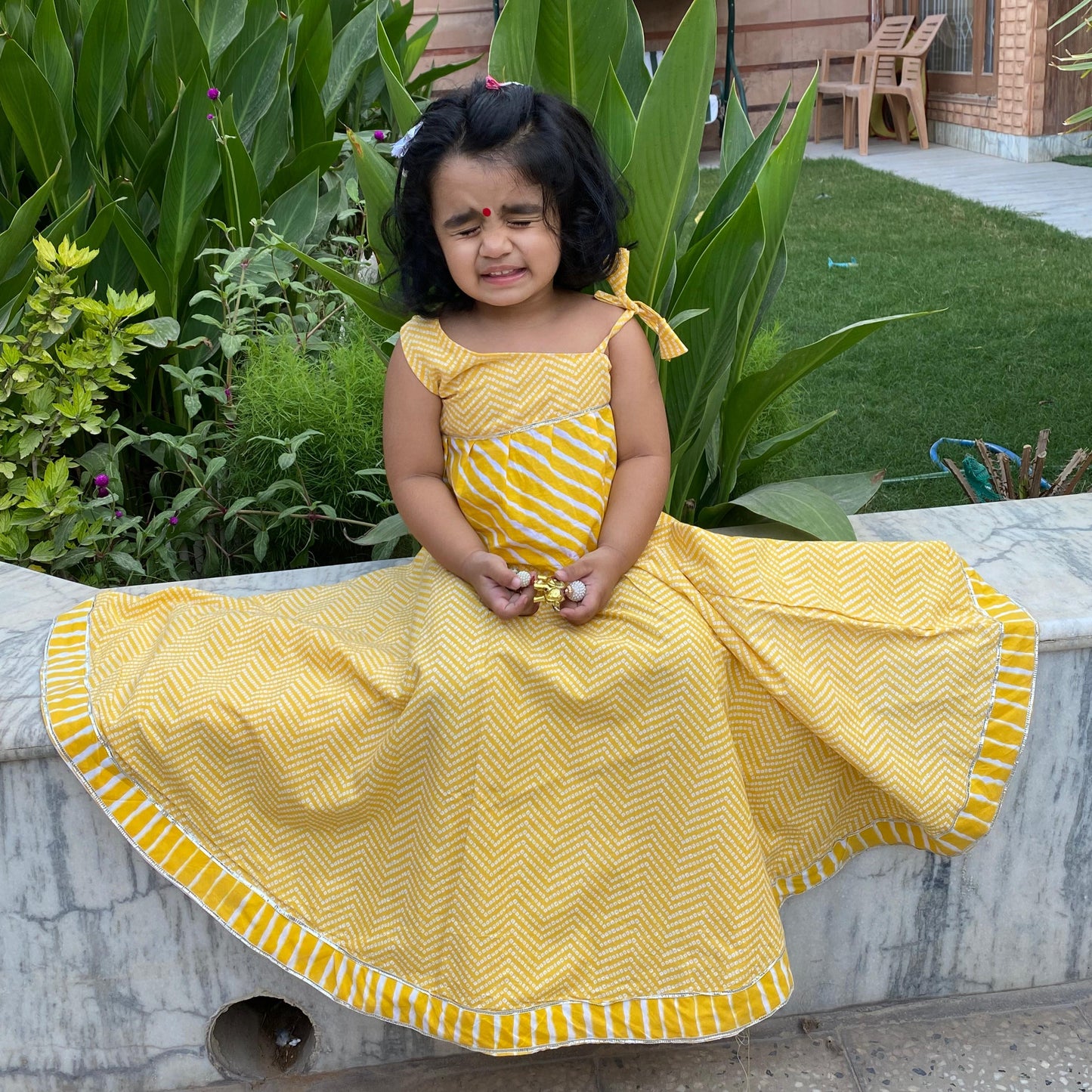 Girls Yellow Bandhej Lehenga Set