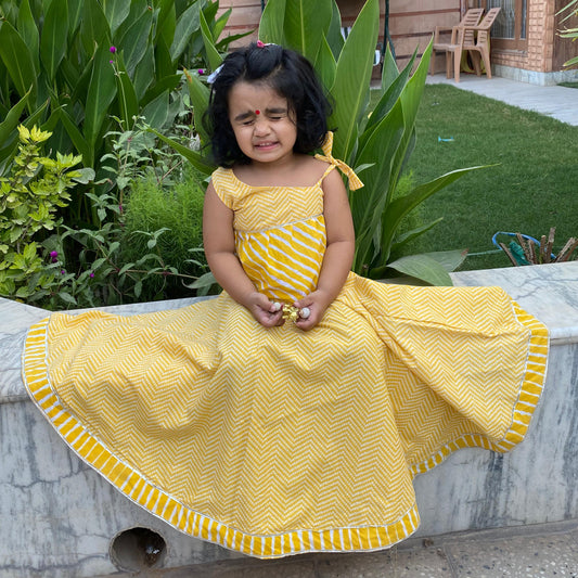 Girls Yellow Bandhej Lehenga Set