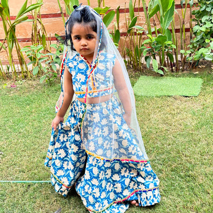 Girls Blue Floral Lehenga Set