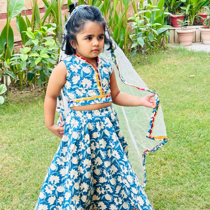 Girls Blue Floral Lehenga Set