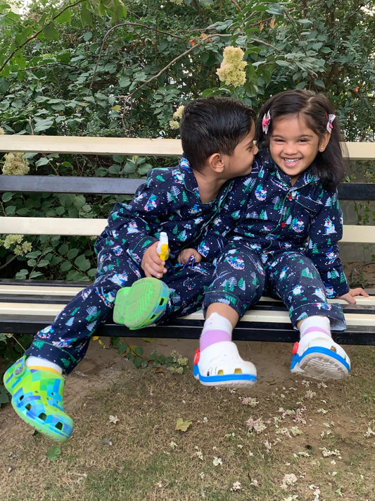 Kids Blue Santa Flannel Nightsuit