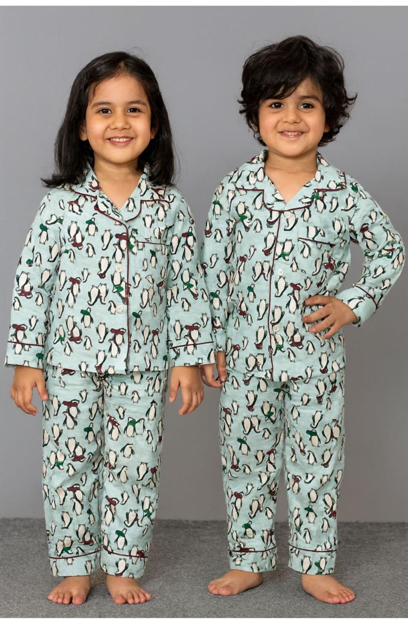 Kids Blue Penguin Flannel Night Suit