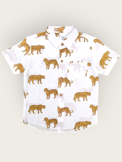Boys White Jaguar Half Sleeves Spread Collar Shirt