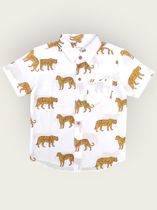 Boys White Jaguar Half Sleeves Spread Collar Shirt