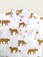 Boys White Jaguar Half Sleeves Spread Collar Shirt