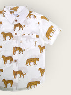 Boys White Jaguar Half Sleeves Spread Collar Shirt