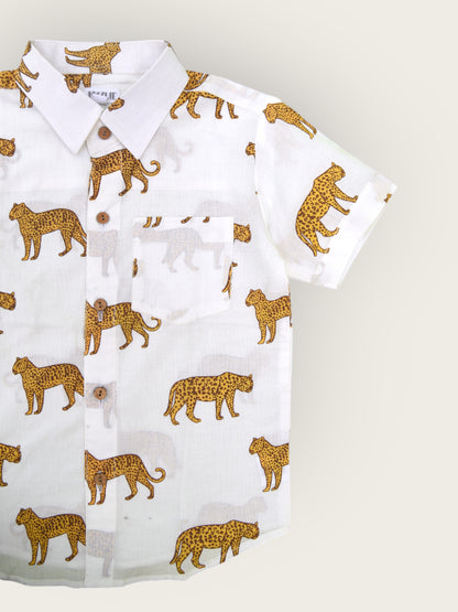 Boys White Jaguar Half Sleeves Spread Collar Shirt