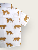 Boys White Jaguar Half Sleeves Spread Collar Shirt