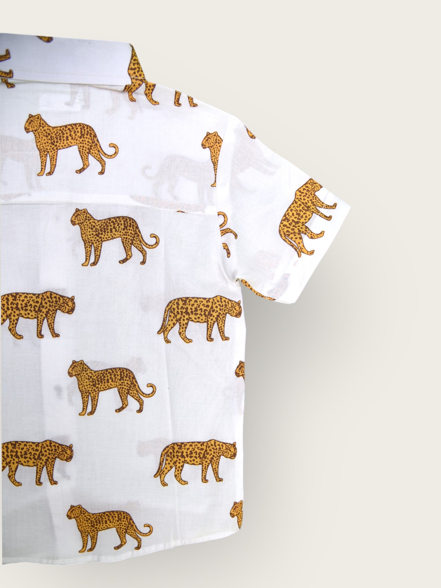 Boys White Jaguar Half Sleeves Spread Collar Shirt