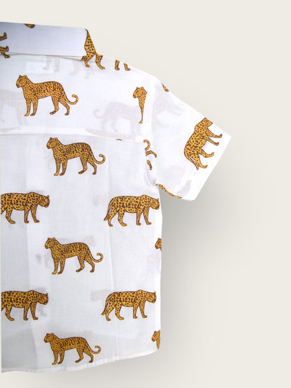 Boys White Jaguar Half Sleeves Spread Collar Shirt