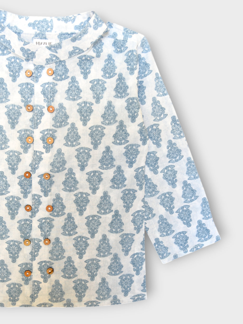 Boys White Motif Full Sleeves Mandarin Collar Double Button Shirt