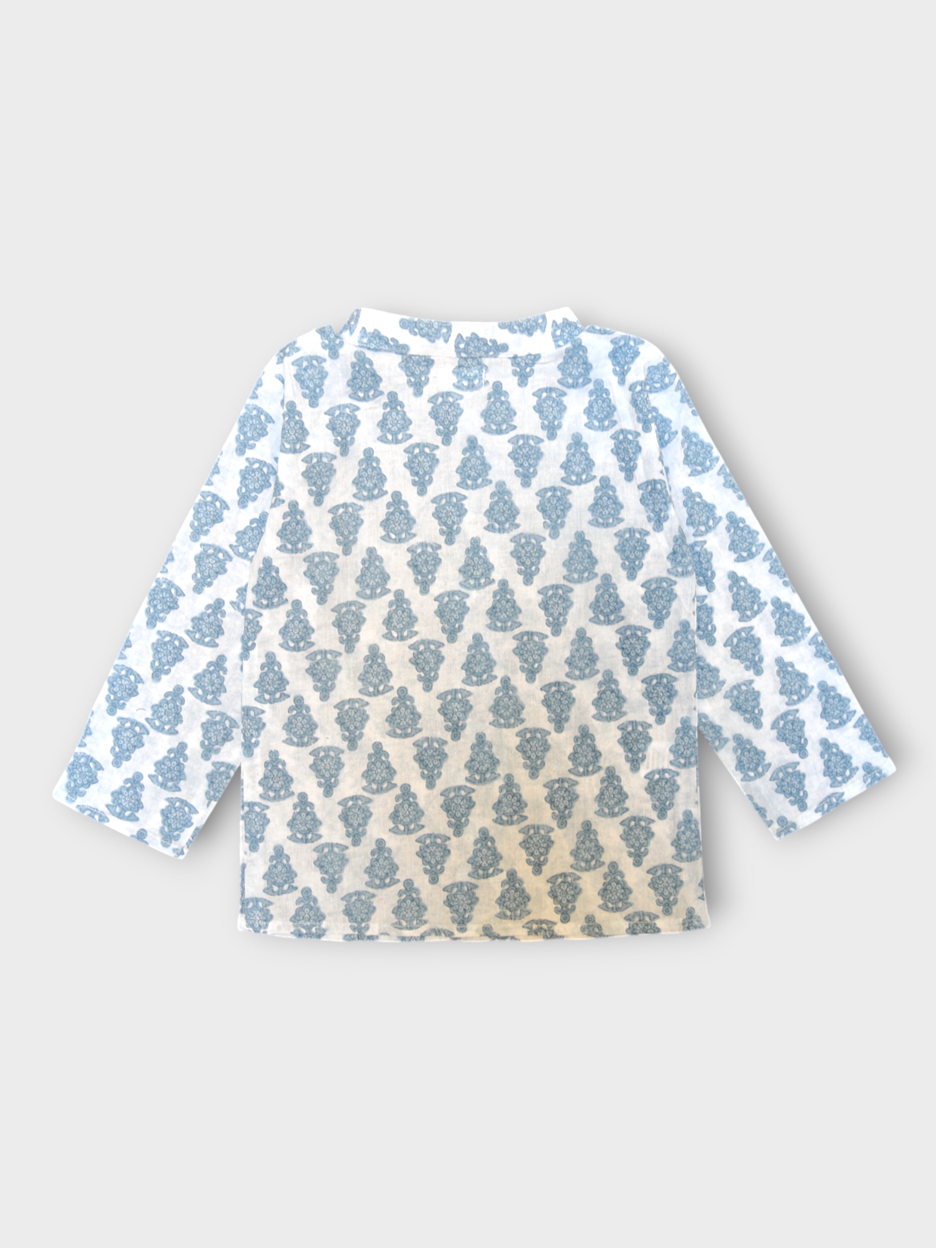 Boys White Motif Full Sleeves Mandarin Collar Double Button Shirt