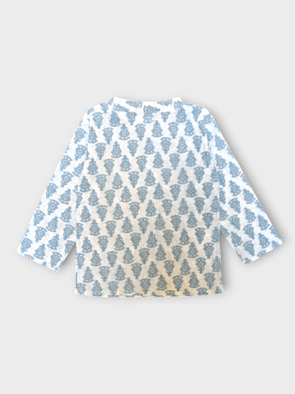 Boys White Motif Full Sleeves Mandarin Collar Double Button Shirt